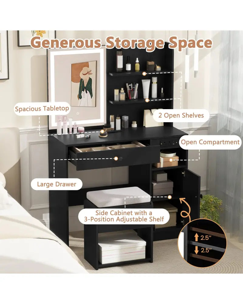 Vanity Desk with Mirror and Lights-Black - Black - Makeup Vanities