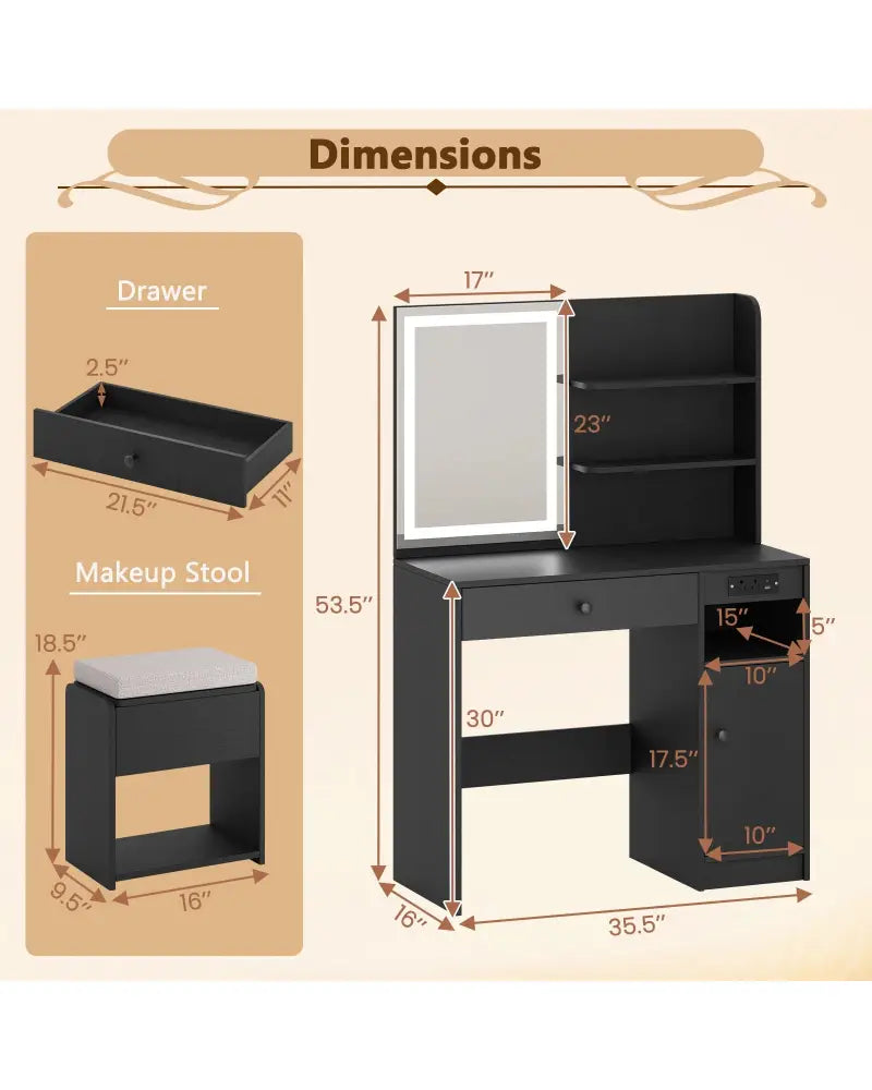 Vanity Desk with Mirror and Lights-Black - Black - Makeup Vanities