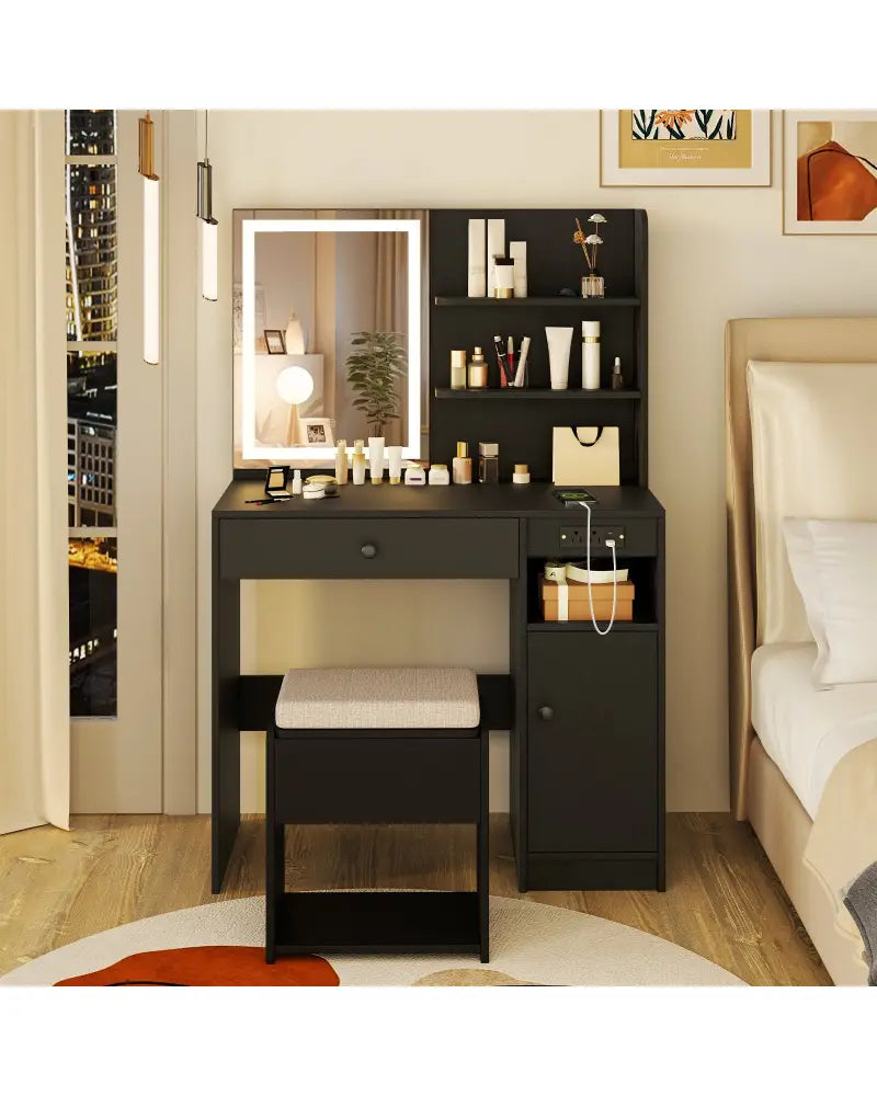 Vanity Desk with Mirror and Lights-Black - Black - Makeup Vanities