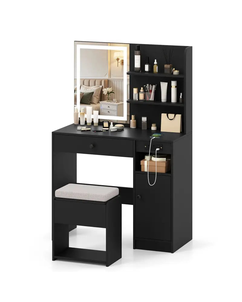 Vanity Desk with Mirror and Lights-Black - Black - Makeup Vanities