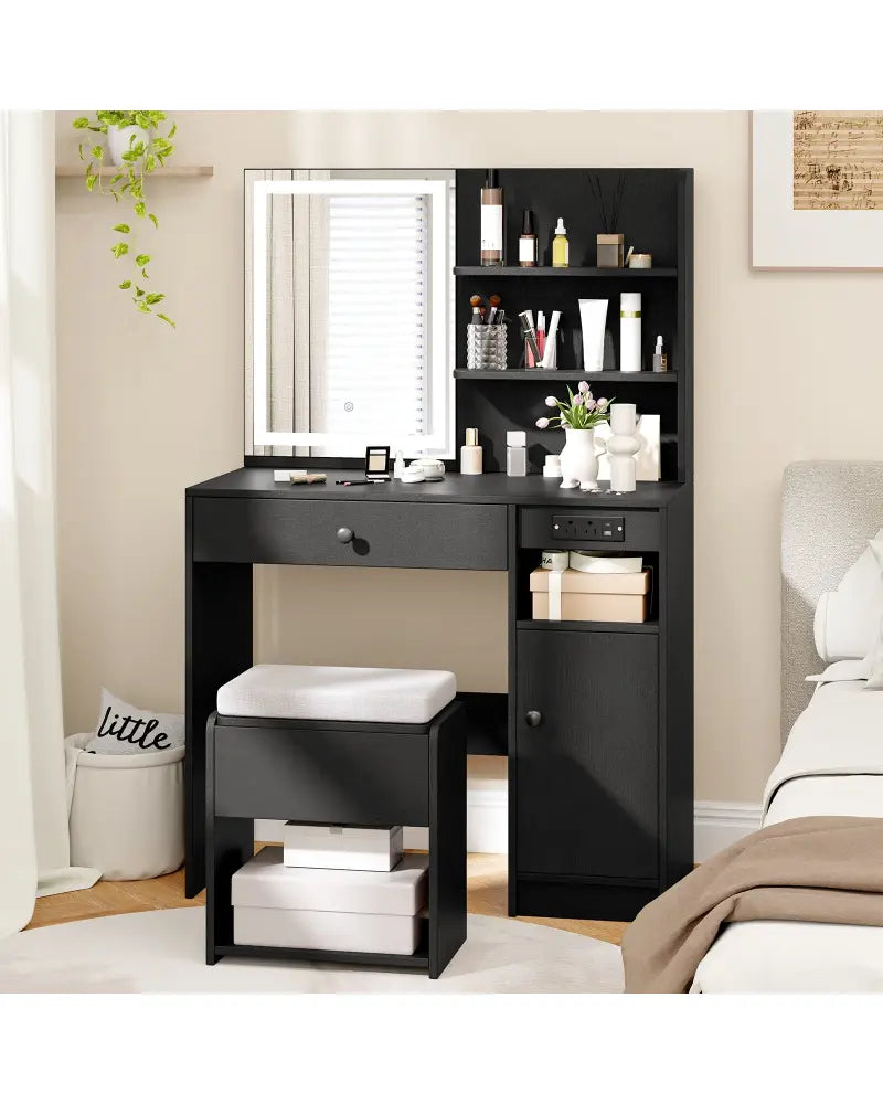 Vanity Desk with Mirror and Lights-Black - Black - Makeup Vanities