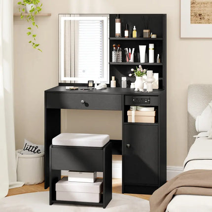 Vanity Desk with Mirror and Lights-Black - Black - Makeup Vanities