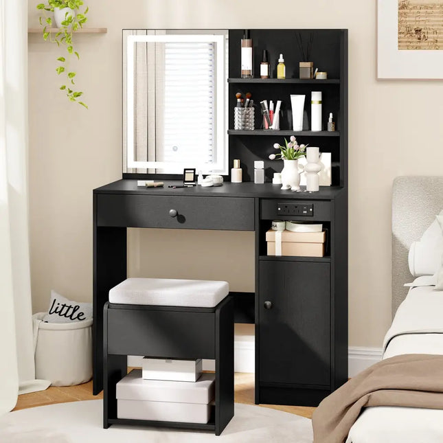 Vanity Desk with Mirror and Lights-Black - Black - Makeup Vanities
