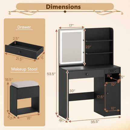 Vanity Desk with Mirror and Lights-Black - Black - Makeup Vanities