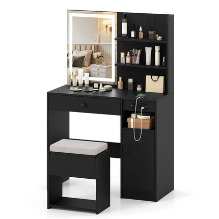 Vanity Desk with Mirror and Lights-Black - Black - Makeup Vanities