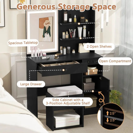 Vanity Desk with Mirror and Lights-Black - Black - Makeup Vanities