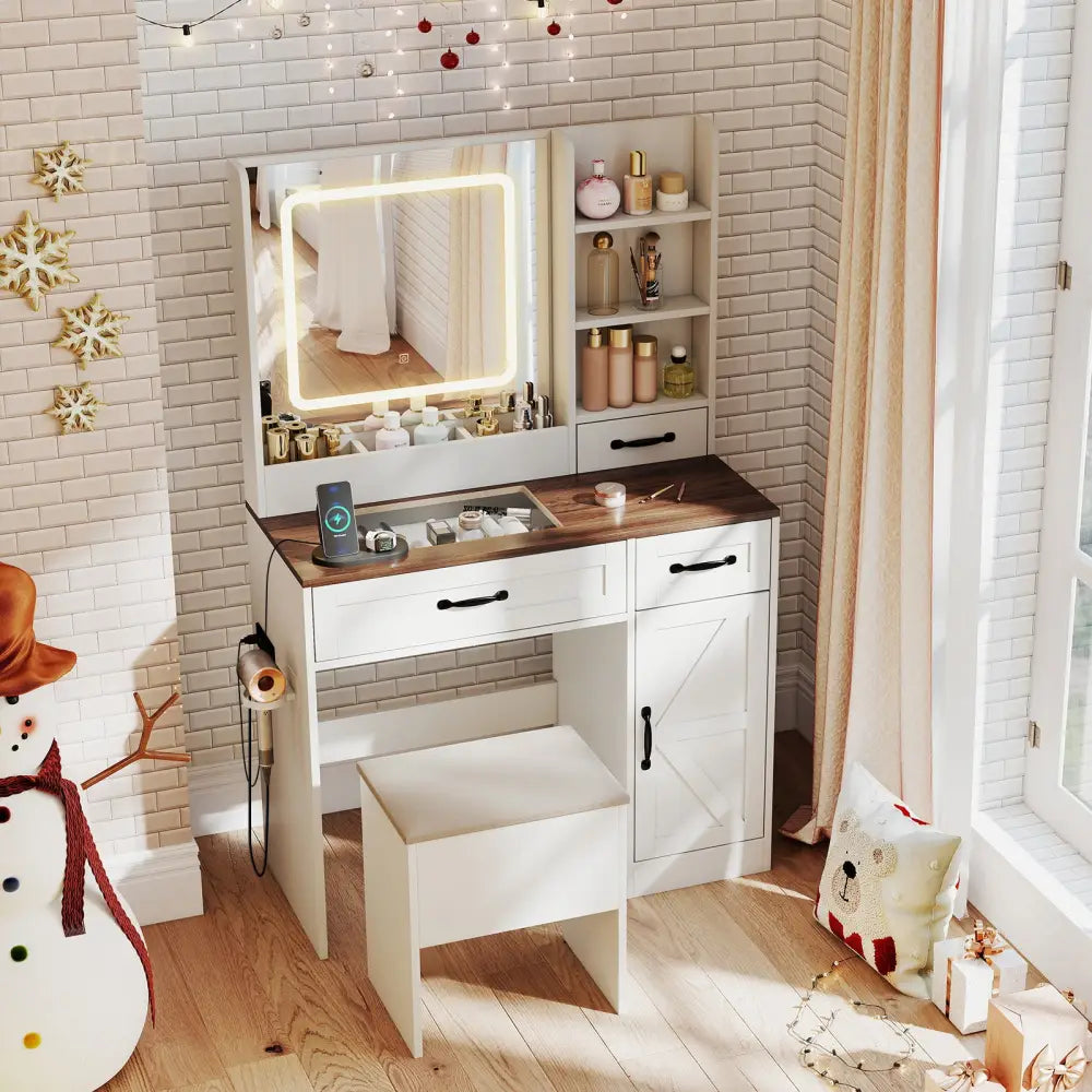 Vanity Desk with Mirror and Lights Farmhouse Makeup Dressing Table-White - White - Makeup Vanities
