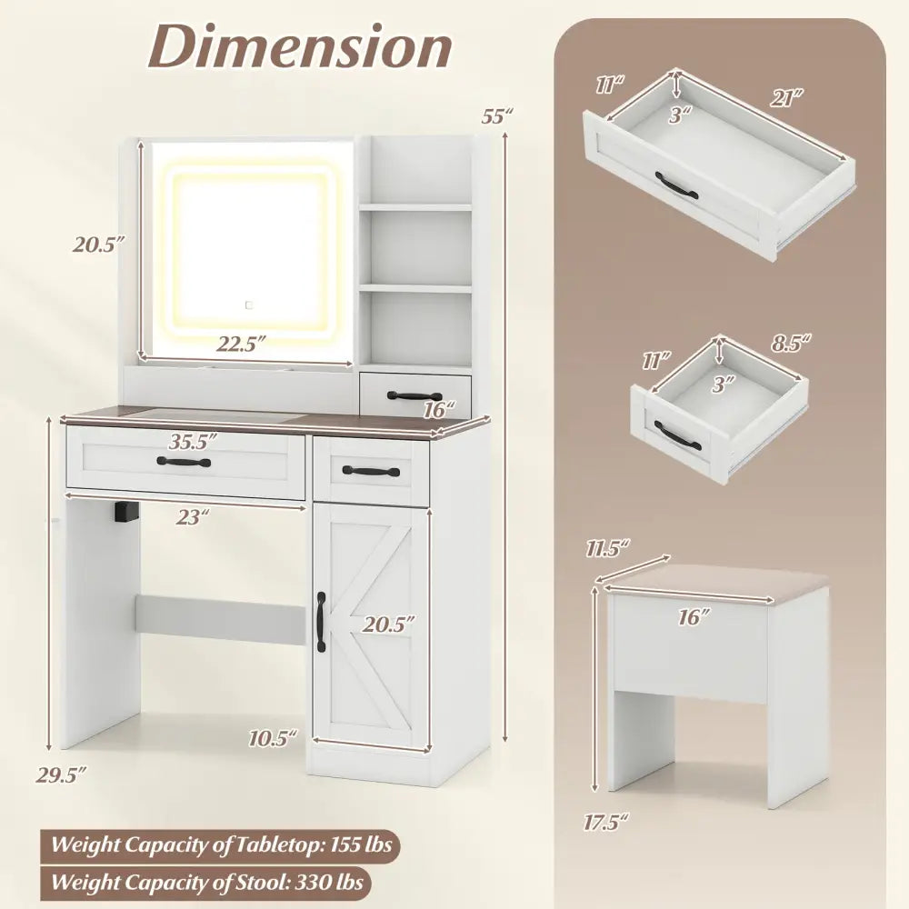 Vanity Desk with Mirror and Lights Farmhouse Makeup Dressing Table-White - White - Makeup Vanities