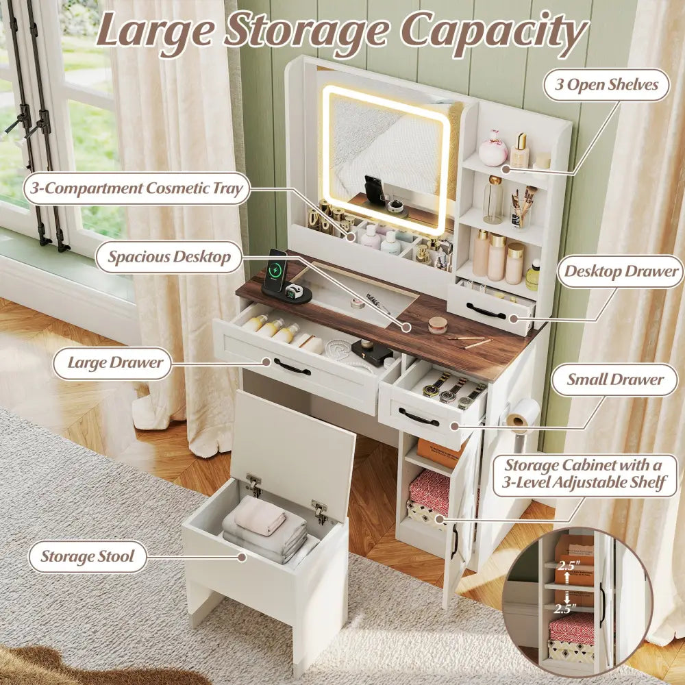 Vanity Desk with Mirror and Lights Farmhouse Makeup Dressing Table-White - White - Makeup Vanities