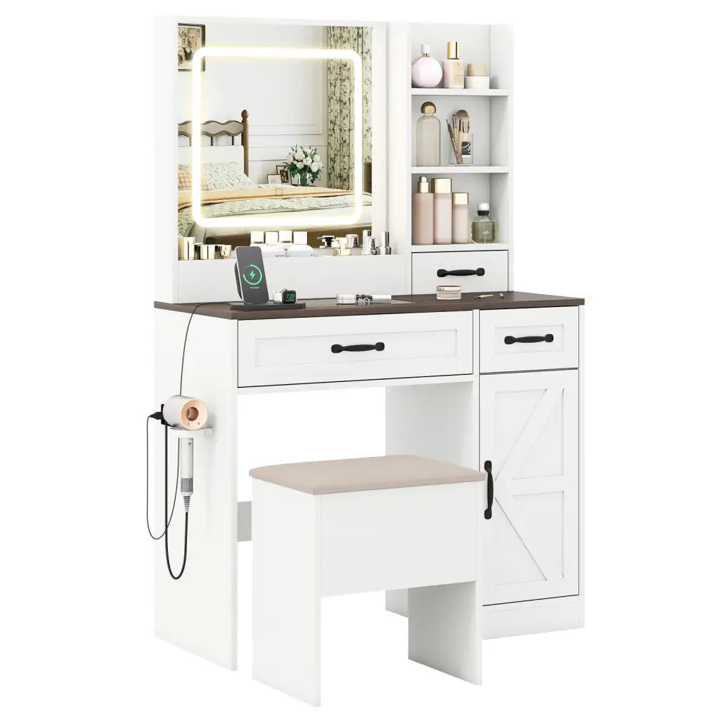 Vanity Desk with Mirror and Lights Farmhouse Makeup Dressing Table-White - White - Makeup Vanities