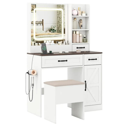 Vanity Desk with Mirror and Lights Farmhouse Makeup Dressing Table-White - White - Makeup Vanities