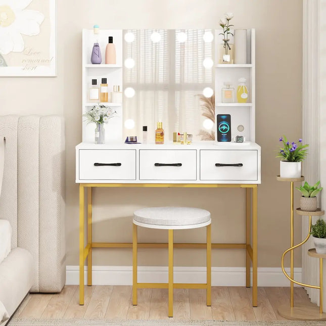 Vanity Desk with Mirror and Lights Makeup Dressing Table and Cushioned Stool Set-White - White - Makeup Vanities