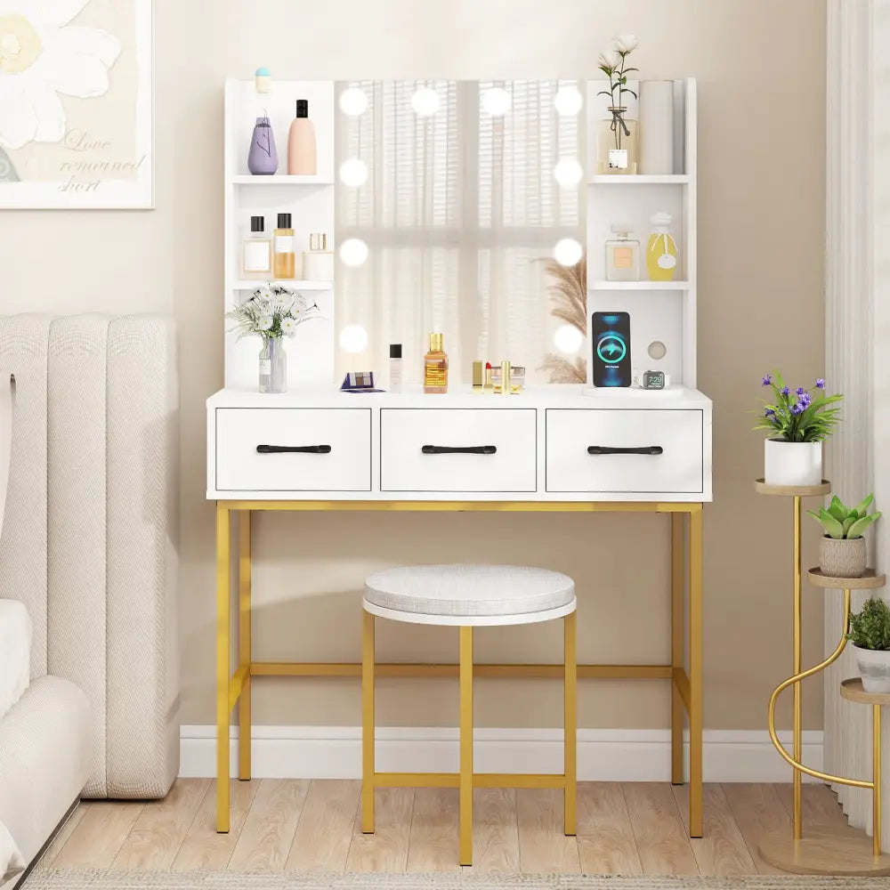 Vanity Desk with Mirror and Lights Makeup Dressing Table and Cushioned Stool Set-White - White - Makeup Vanities