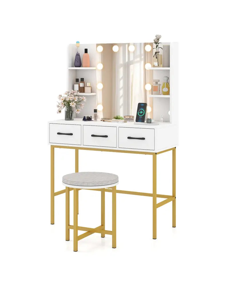 Vanity Desk with Mirror and Lights Makeup Dressing Table and Cushioned Stool Set-White - White - Makeup Vanities
