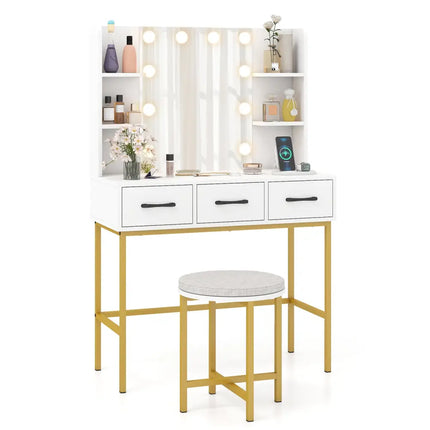 Vanity Desk with Mirror and Lights Makeup Dressing Table and Cushioned Stool Set-White - White - Makeup Vanities