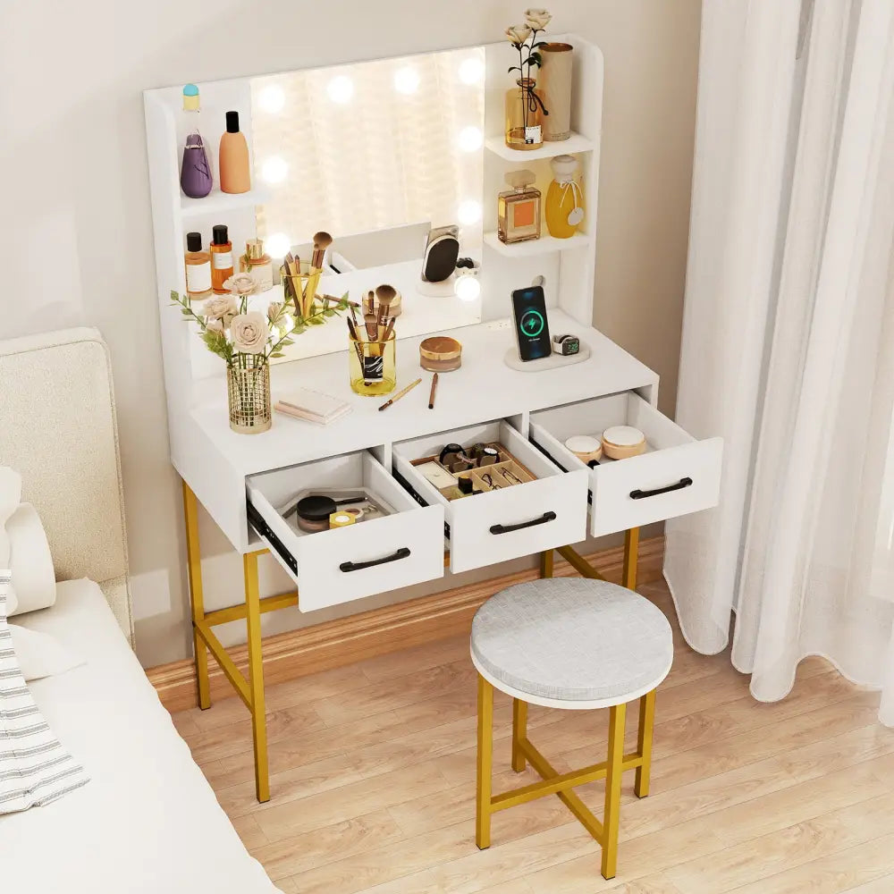 Vanity Desk with Mirror and Lights Makeup Dressing Table and Cushioned Stool Set-White - White - Makeup Vanities
