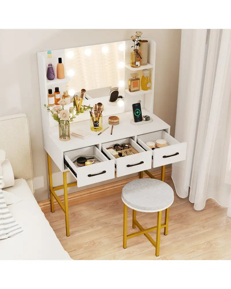 Vanity Desk with Mirror and Lights Makeup Dressing Table and Cushioned Stool Set-White - White - Makeup Vanities
