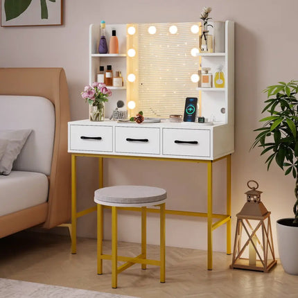 Vanity Desk with Mirror and Lights Makeup Dressing Table and Cushioned Stool Set-White - White - Makeup Vanities
