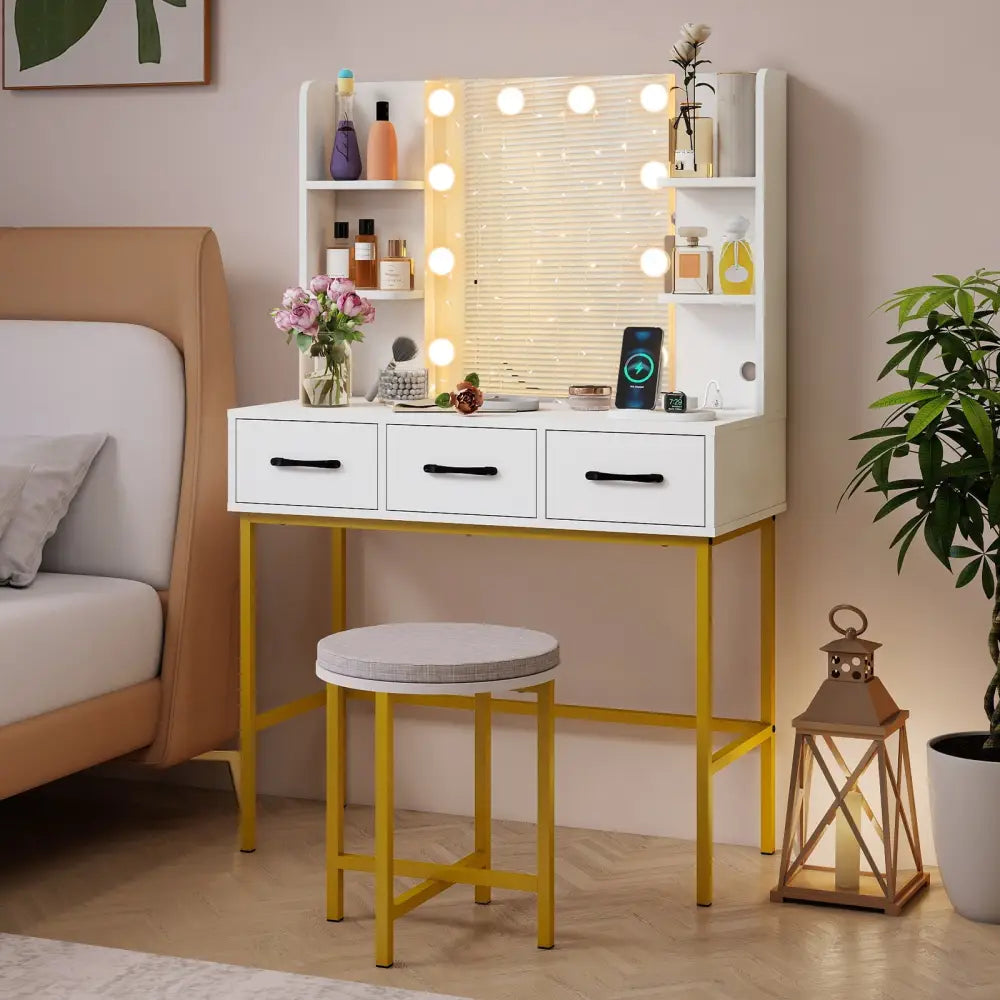 Vanity Desk with Mirror and Lights Makeup Dressing Table and Cushioned Stool Set-White - White - Makeup Vanities