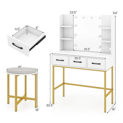 Vanity Desk with Mirror and Lights Makeup Dressing Table and Cushioned Stool Set-White - White - Makeup Vanities