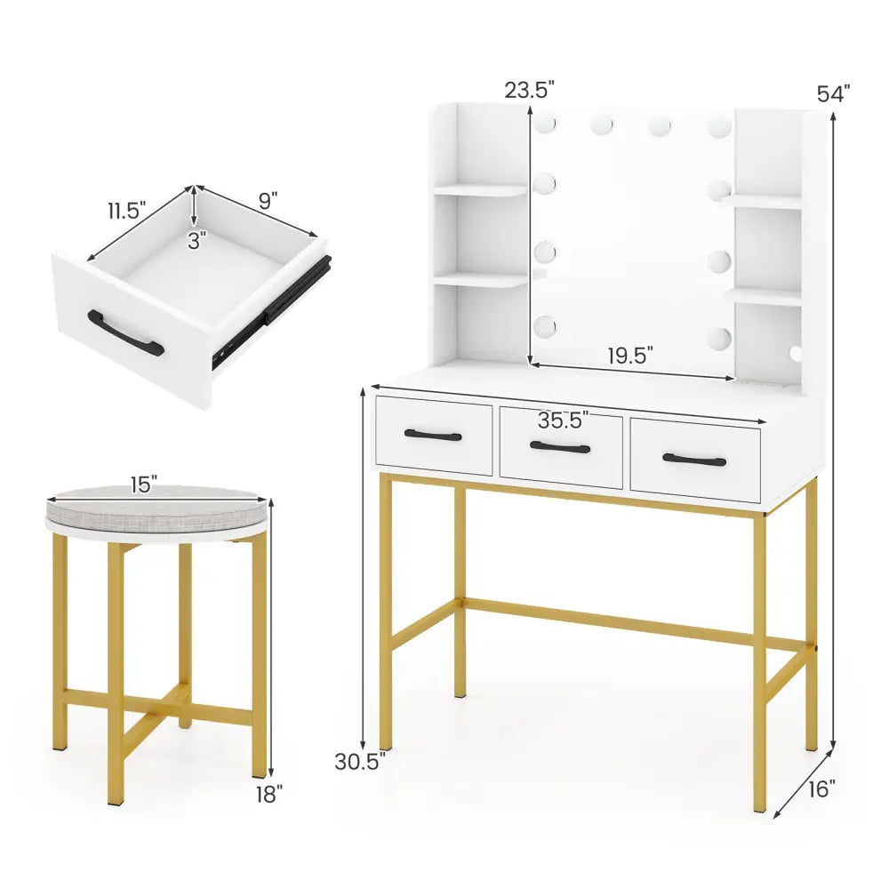 Vanity Desk with Mirror and Lights Makeup Dressing Table and Cushioned Stool Set-White - White - Makeup Vanities