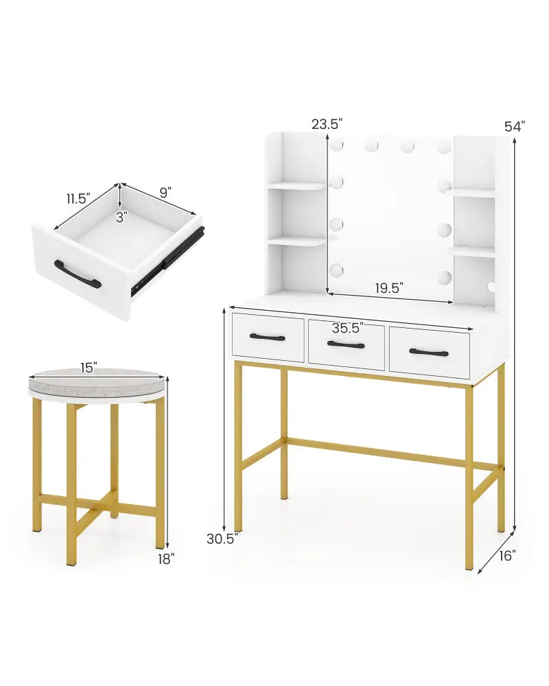 Vanity Desk with Mirror and Lights Makeup Dressing Table and Cushioned Stool Set-White - White - Makeup Vanities