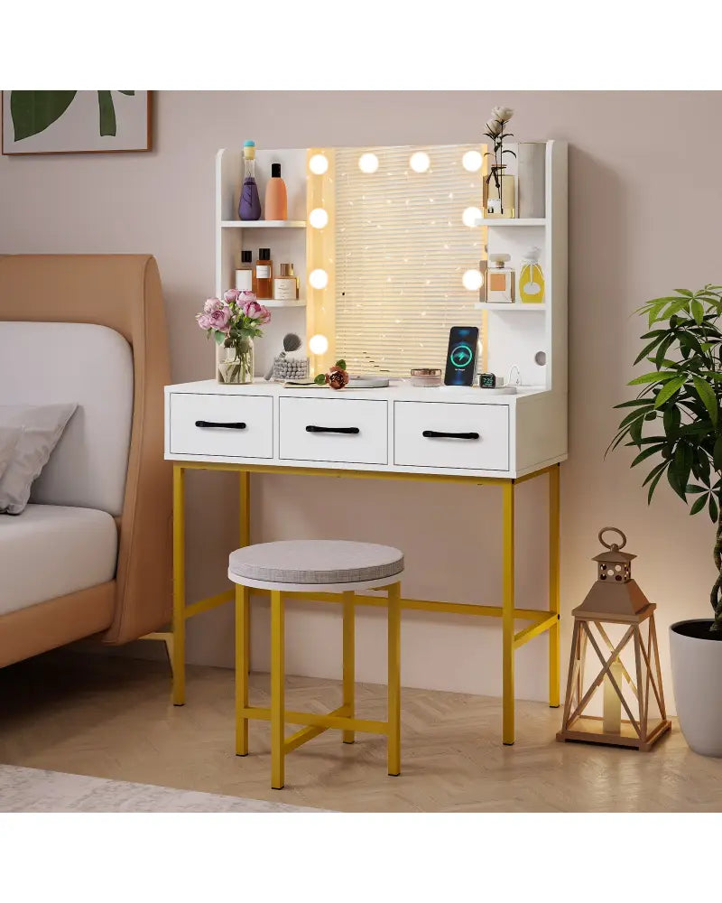 Vanity Desk with Mirror and Lights Makeup Dressing Table and Cushioned Stool Set-White - White - Makeup Vanities