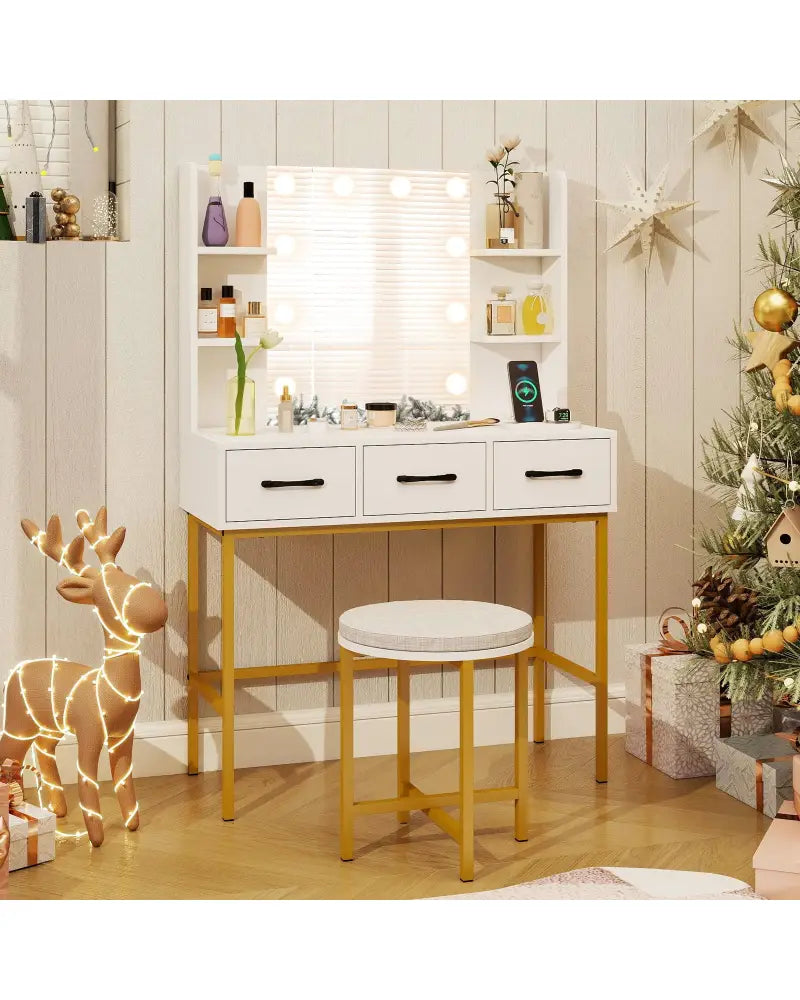 Vanity Desk with Mirror and Lights Makeup Dressing Table and Cushioned Stool Set-White - White - Makeup Vanities
