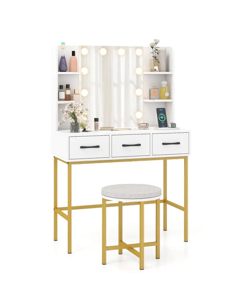 Vanity Desk with Mirror and Lights Makeup Dressing Table and Cushioned Stool Set-White - White - Makeup Vanities