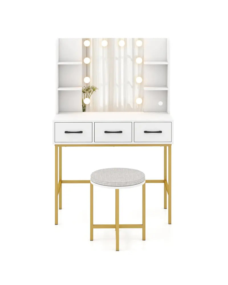 Vanity Desk with Mirror and Lights Makeup Dressing Table and Cushioned Stool Set-White - White - Makeup Vanities