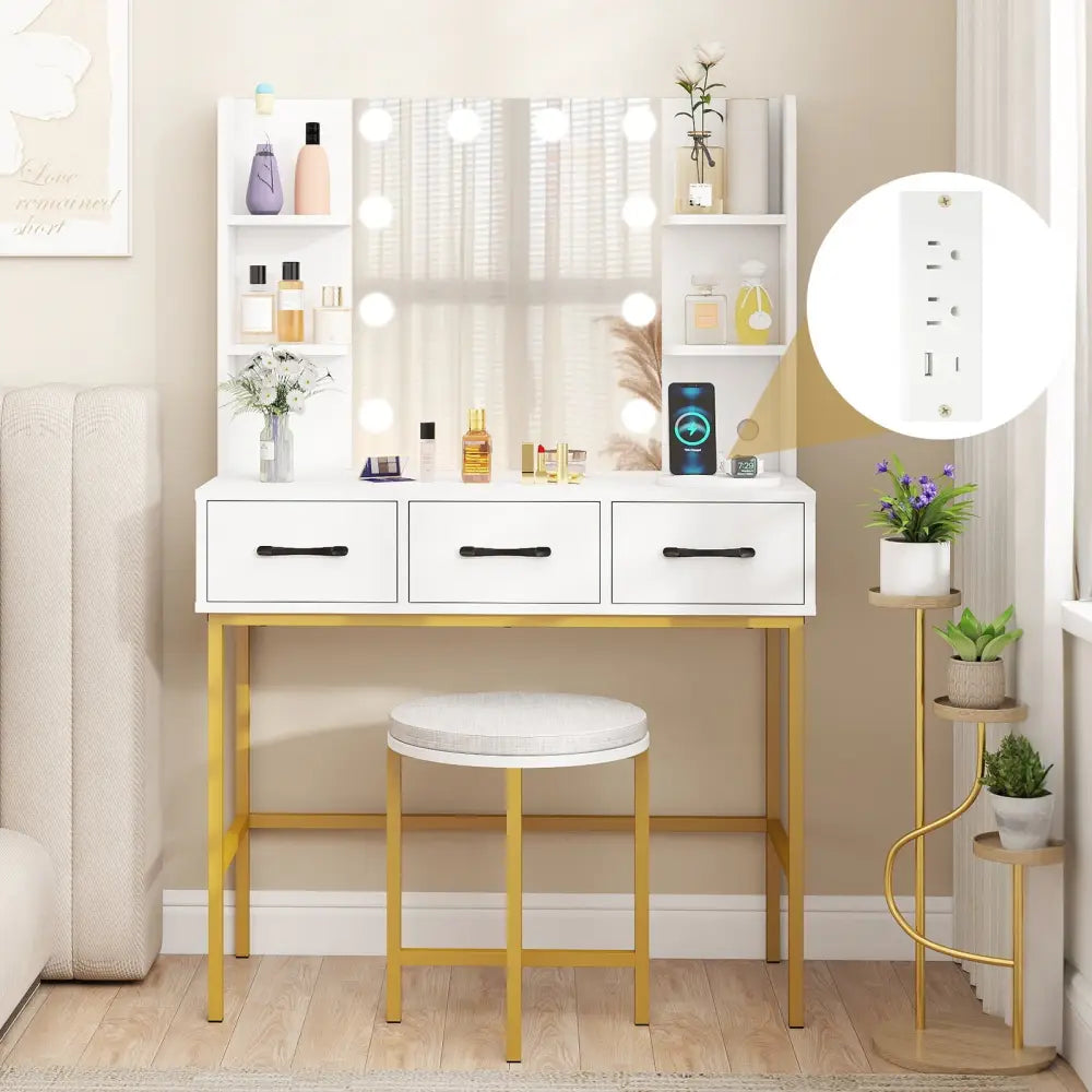 Vanity Desk with Mirror and Lights Makeup Dressing Table and Cushioned Stool Set-White - White - Makeup Vanities