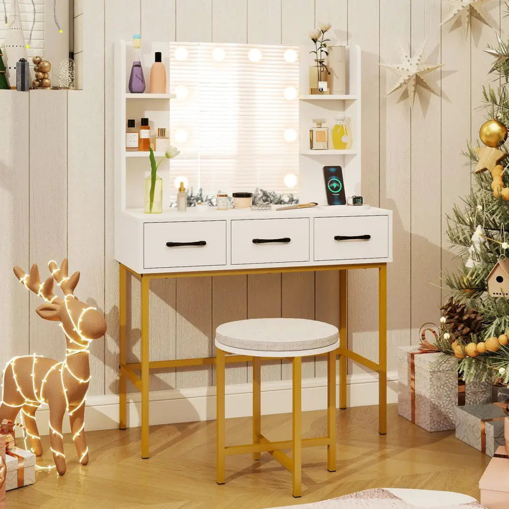 Vanity Desk with Mirror and Lights Makeup Dressing Table and Cushioned Stool Set-White - White - Makeup Vanities