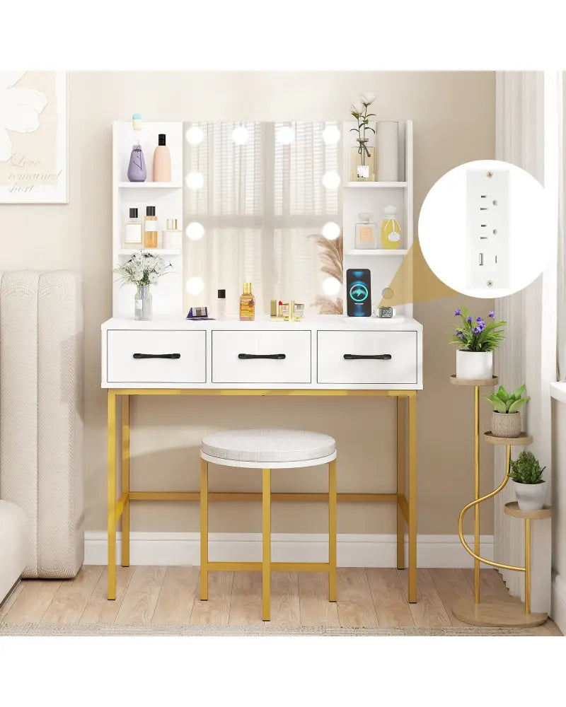Vanity Desk with Mirror and Lights Makeup Dressing Table and Cushioned Stool Set-White - White - Makeup Vanities