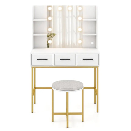 Vanity Desk with Mirror and Lights Makeup Dressing Table and Cushioned Stool Set-White - White - Makeup Vanities