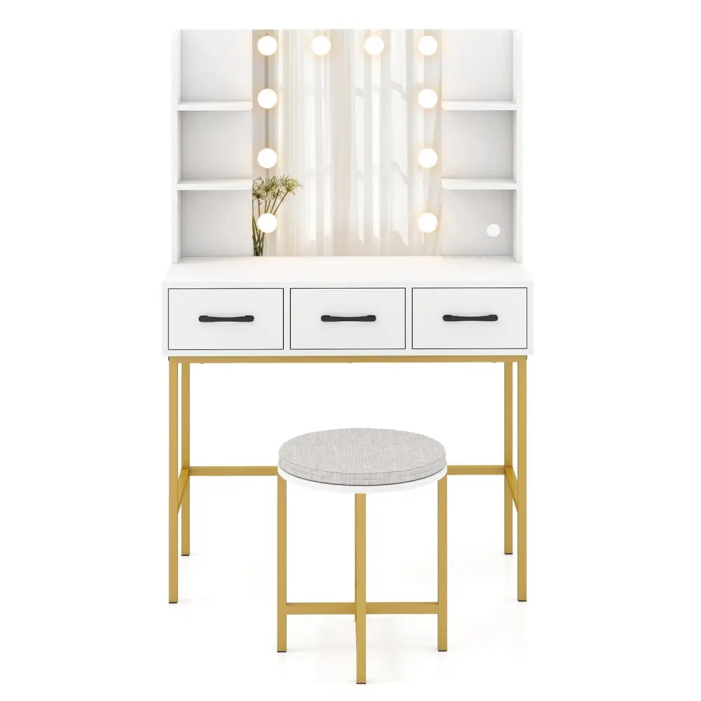 Vanity Desk with Mirror and Lights Makeup Dressing Table and Cushioned Stool Set-White - White - Makeup Vanities