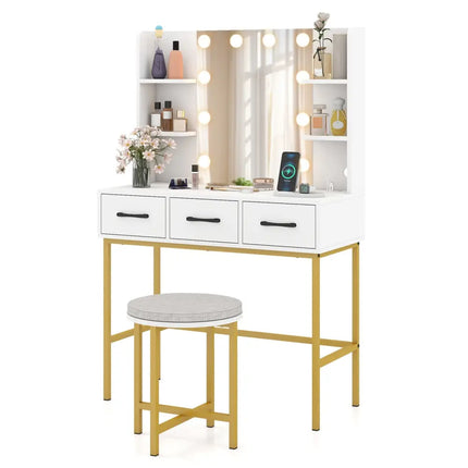 Vanity Desk with Mirror and Lights Makeup Dressing Table and Cushioned Stool Set-White - White - Makeup Vanities