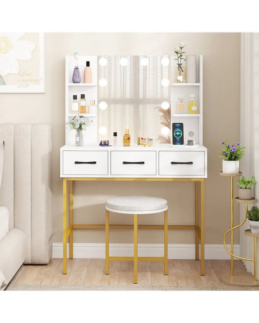 Vanity Desk with Mirror and Lights Makeup Dressing Table and Cushioned Stool Set-White - White - Makeup Vanities
