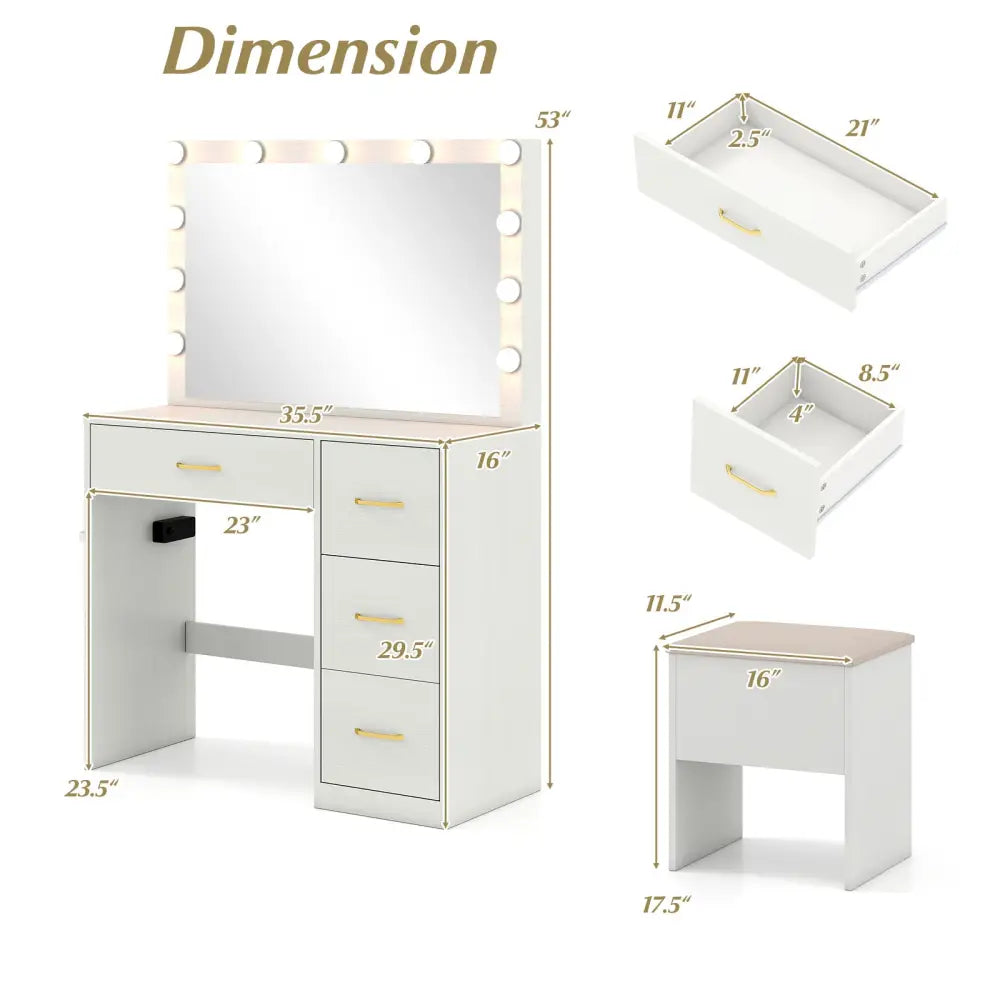 Vanity Desk with Mirror and Lights Makeup Dressing Table with Power Outlets-White - White - Makeup Vanities