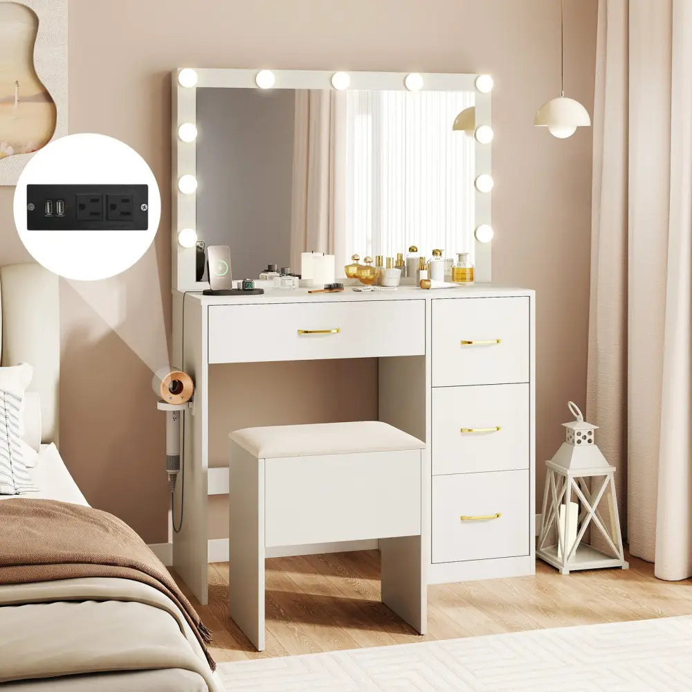Vanity Desk with Mirror and Lights Makeup Dressing Table with Power Outlets-White - White - Makeup Vanities