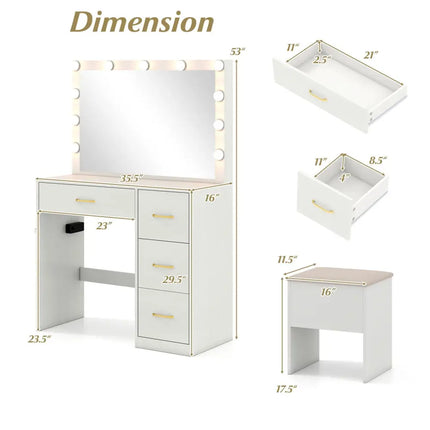 Vanity Desk with Mirror and Lights Makeup Dressing Table with Power Outlets-White - White - Makeup Vanities