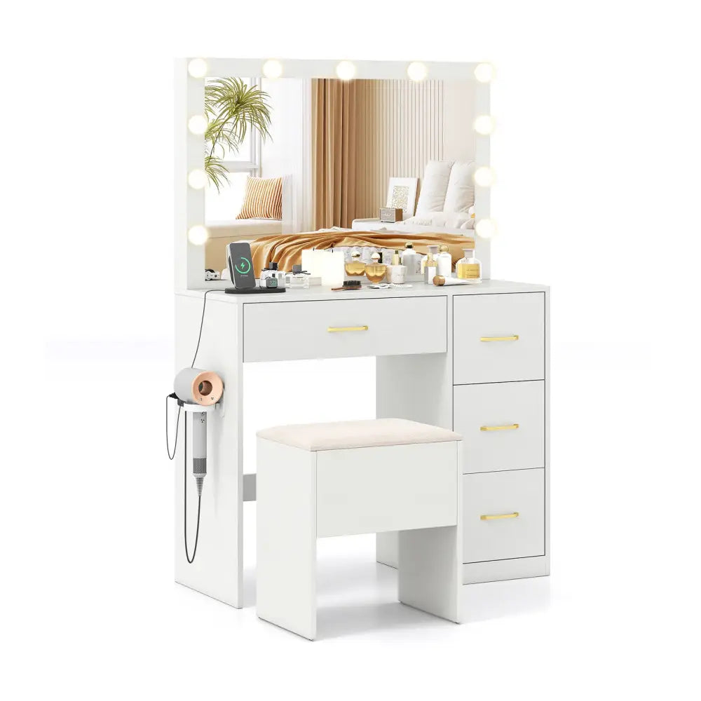 Vanity Desk with Mirror and Lights Makeup Dressing Table with Power Outlets-White - White - Makeup Vanities