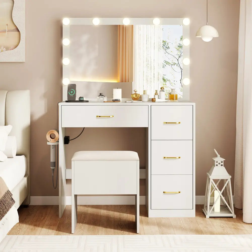 Vanity Desk with Mirror and Lights Makeup Dressing Table with Power Outlets-White - White - Makeup Vanities