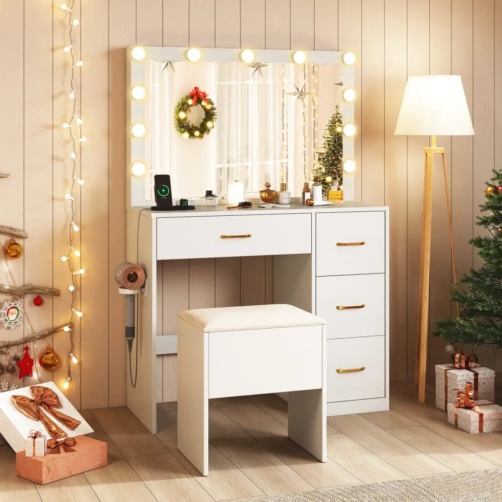 Vanity Desk with Mirror and Lights Makeup Dressing Table with Power Outlets-White - White - Makeup Vanities