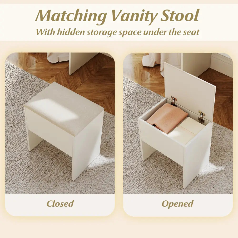 Vanity Desk with Mirror and Lights Makeup Dressing Table with Power Outlets-White - White - Makeup Vanities