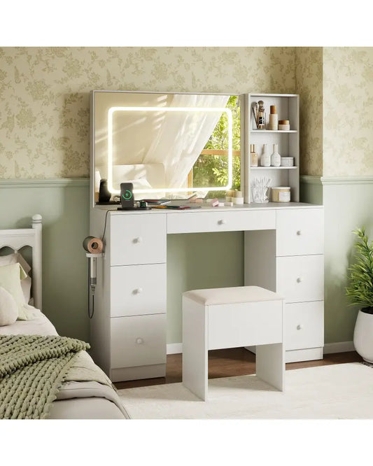 Vanity Desk with Mirror and Lights Makeup Dressing Table Vanity Table and Stool Set-White - White - Makeup Vanities