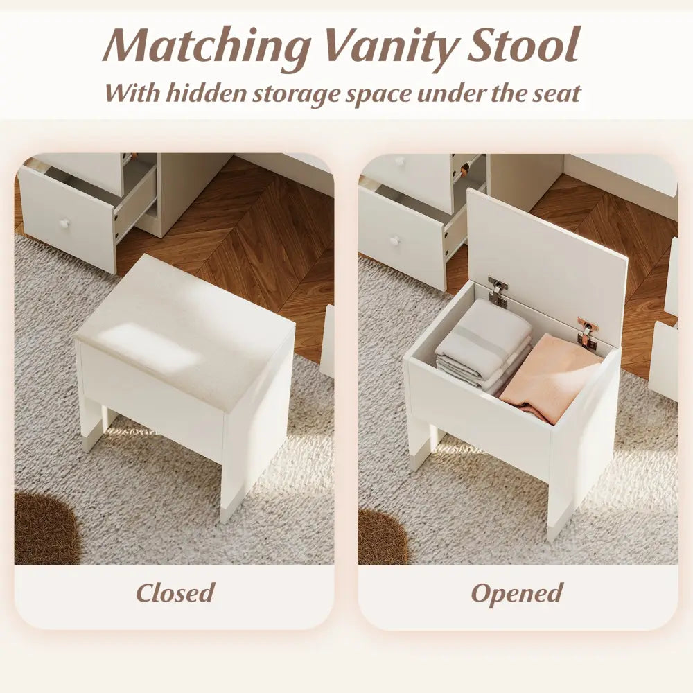 Vanity Desk with Mirror and Lights Makeup Dressing Table Vanity Table and Stool Set-White - White - Makeup Vanities