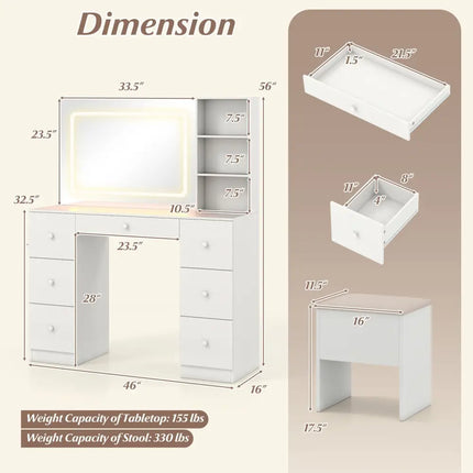 Vanity Desk with Mirror and Lights Makeup Dressing Table Vanity Table and Stool Set-White - White - Makeup Vanities