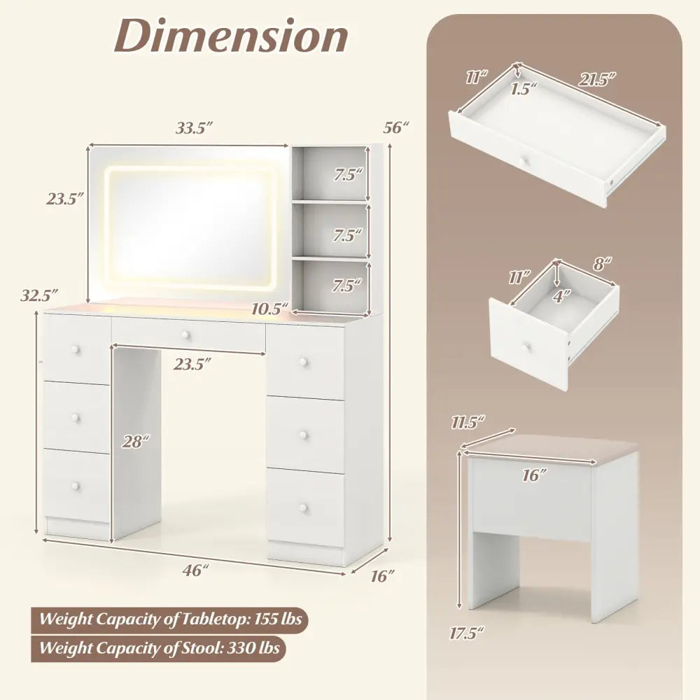 Vanity Desk with Mirror and Lights Makeup Dressing Table Vanity Table and Stool Set-White - White - Makeup Vanities