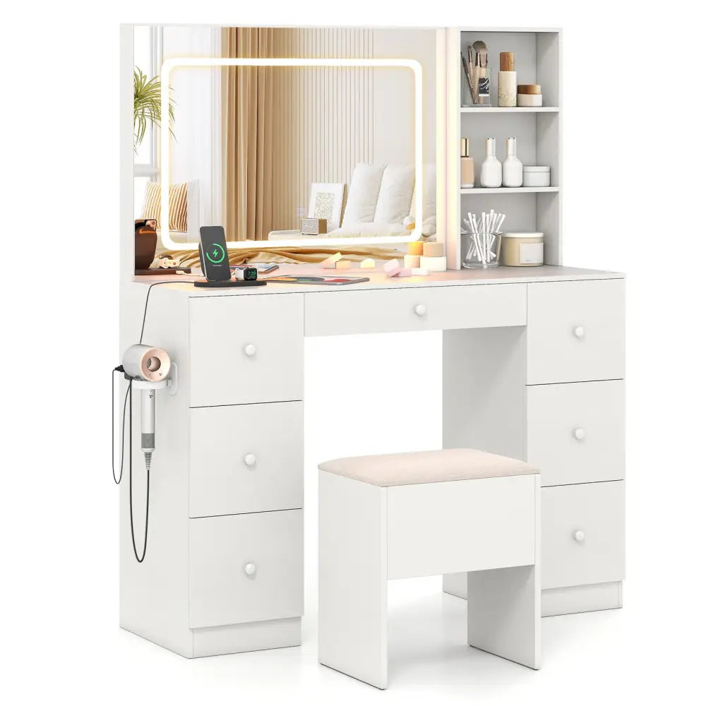 Vanity Desk with Mirror and Lights Makeup Dressing Table Vanity Table and Stool Set-White - White - Makeup Vanities