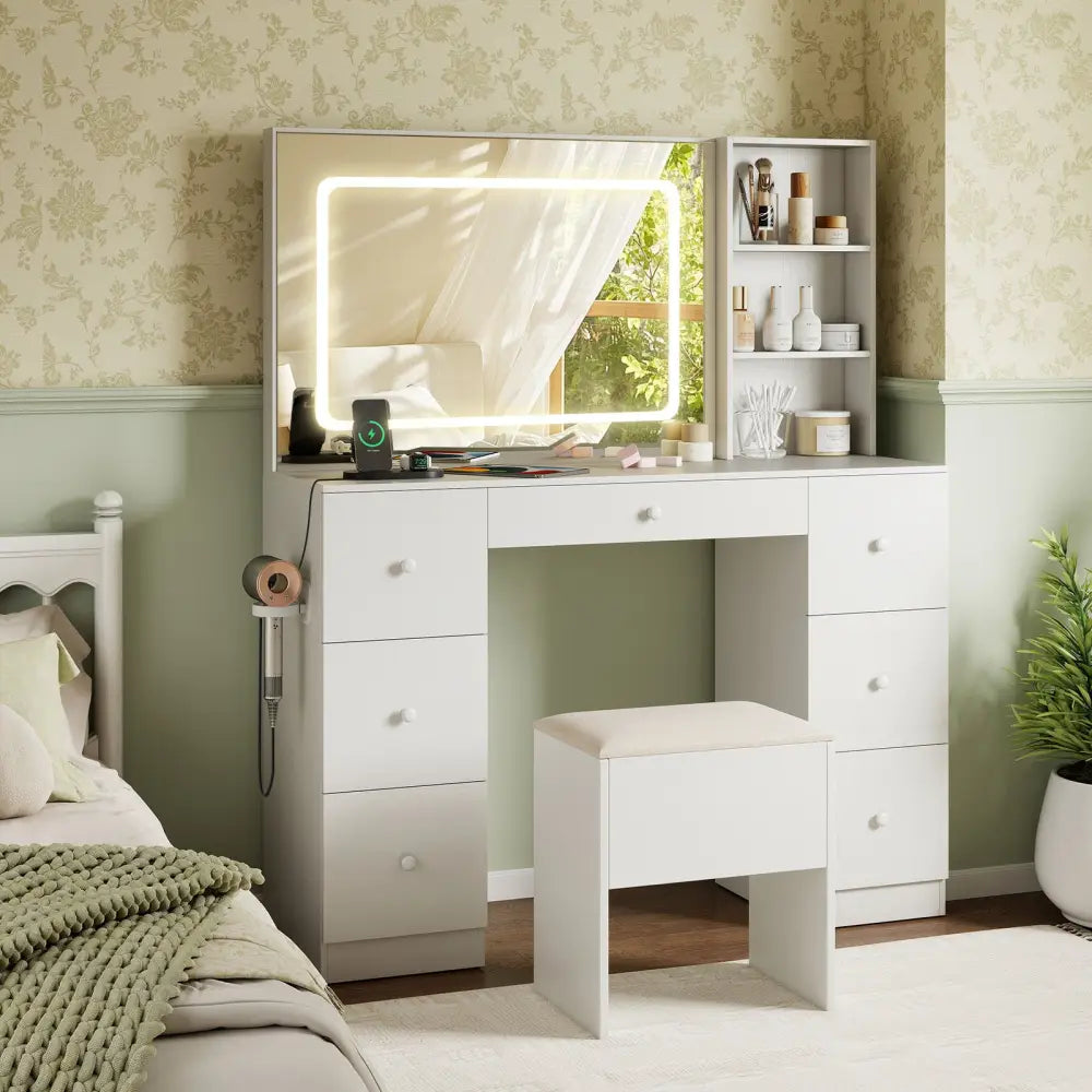 Vanity Desk with Mirror and Lights Makeup Dressing Table Vanity Table and Stool Set-White - White - Makeup Vanities
